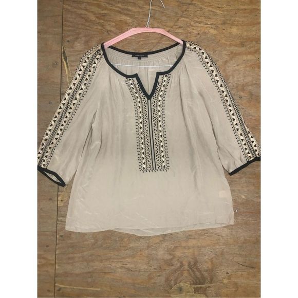 NANETTE LEPORE Beaded Blouse Silk Tan Black Bohemian Top*, Sz Large, MSRP $298 - Picture 3 of 10